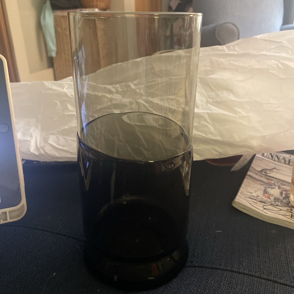 MCM Smoky Black Glass Double Dip Vase Or Planter 10" Tall 4" Across  Pier 1